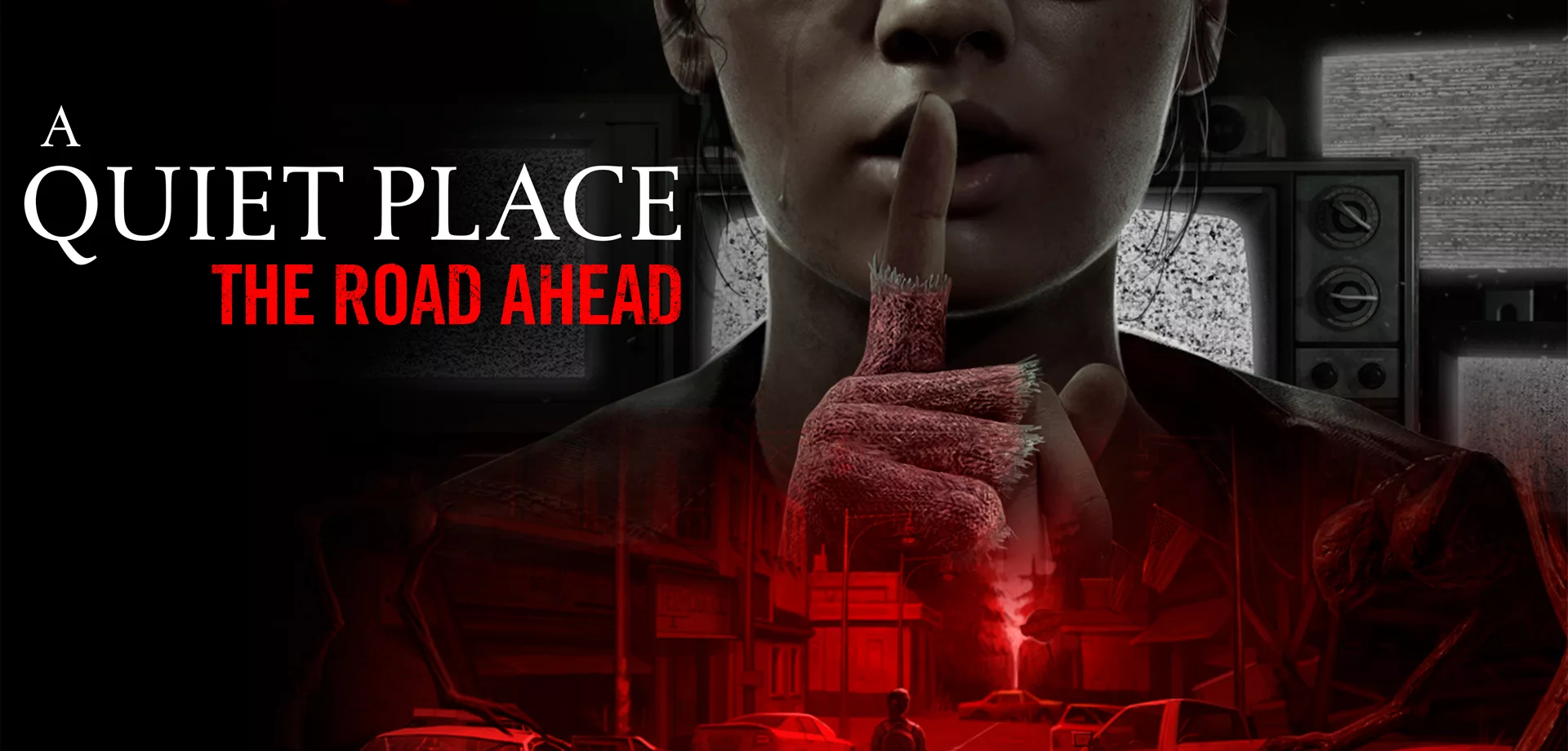 Uma mulher fazendo sinal de silêncio em frente a vários televisores com chuvisco, logo abaixo a mesma mulher andando em uma rua vista por trás e a logo A Quiet Place The Road Ahead na frente de toda a imagem.