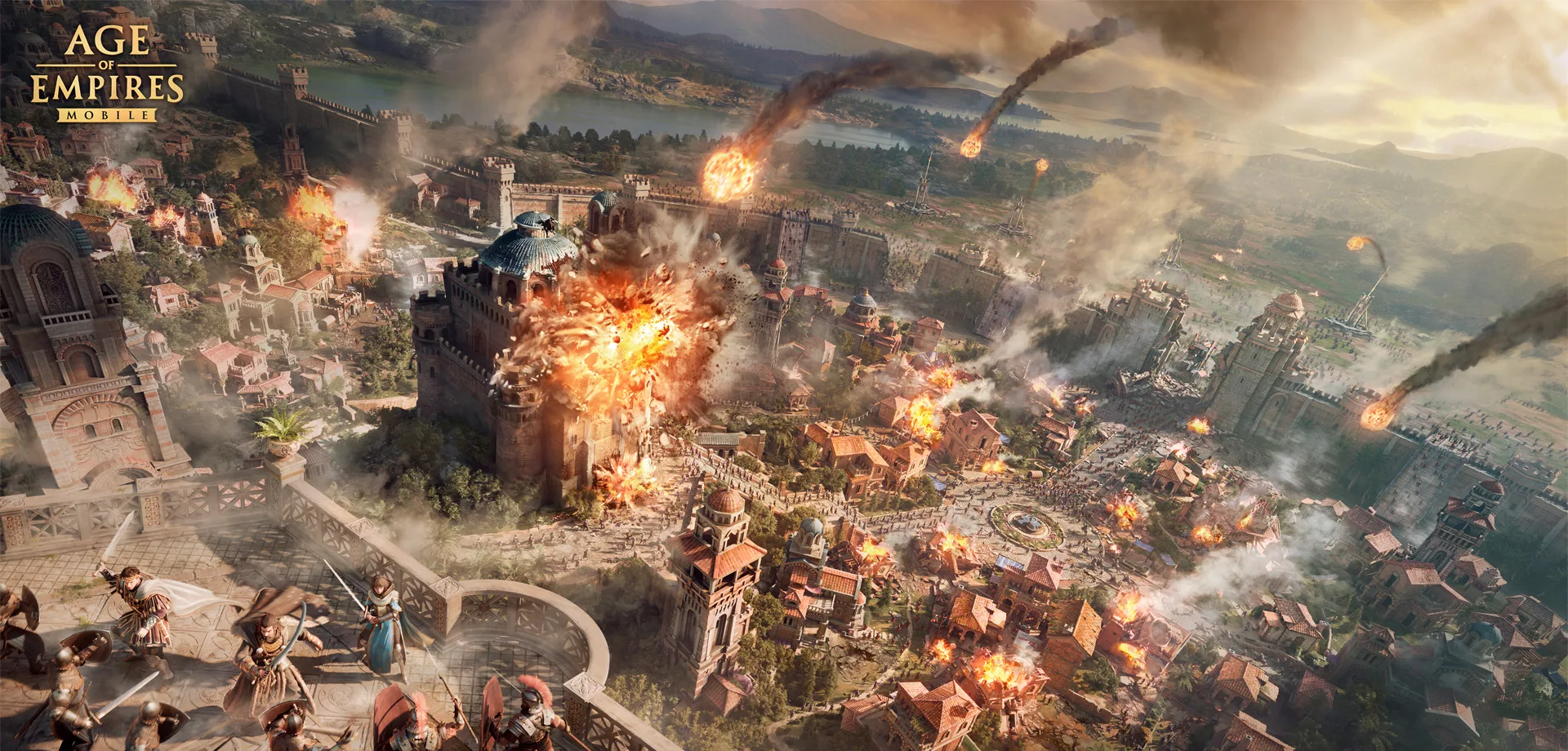 Um cenário de guerra em Age of Empires Mobile, com uma cidade sendo destruida por bolas de fogo lançadas por catapultas e soldados lutando com armas brancas e escudos.