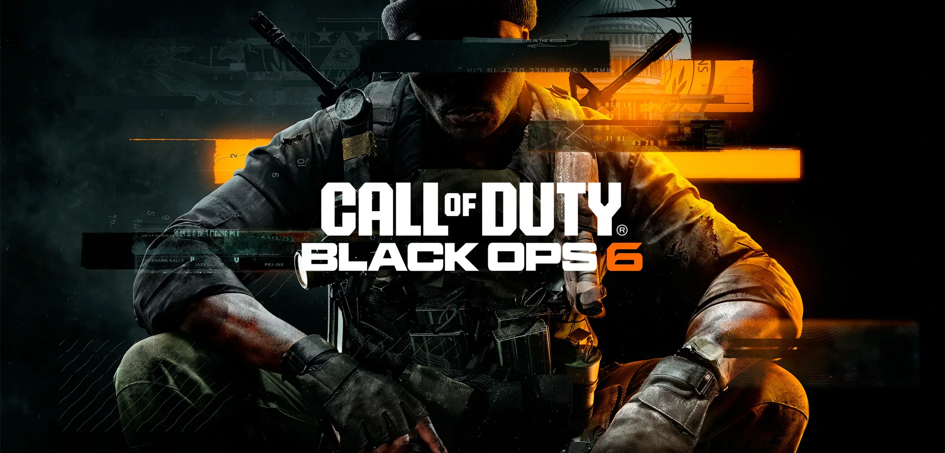Logo de Call of Duty Black Ops 6 à frente com o personagem Troy Marshall aparecendo ao fundo equipado para o combate.