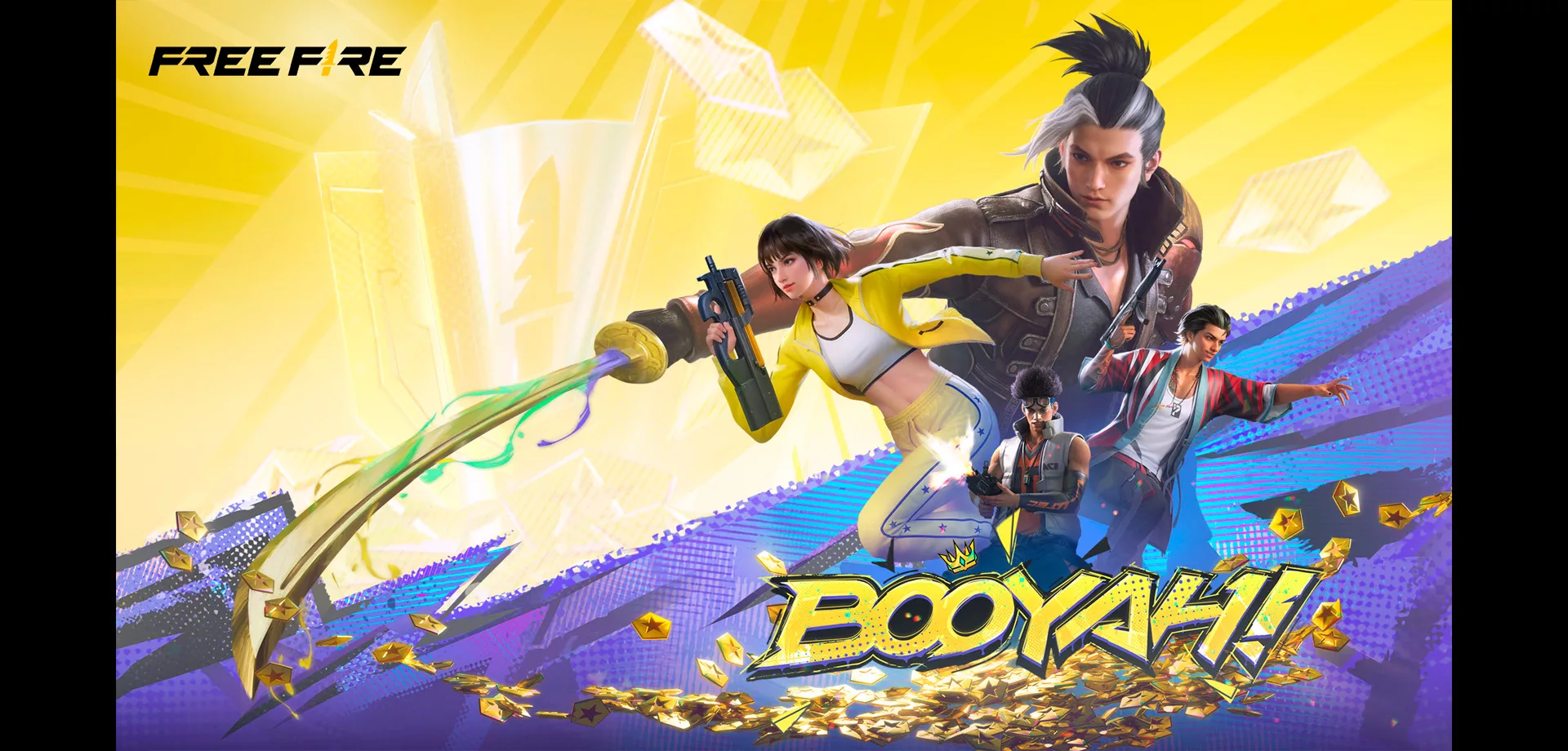 Capa do Dia do Booyah com 4 personagens de estilos diferentes no Free Fire.
