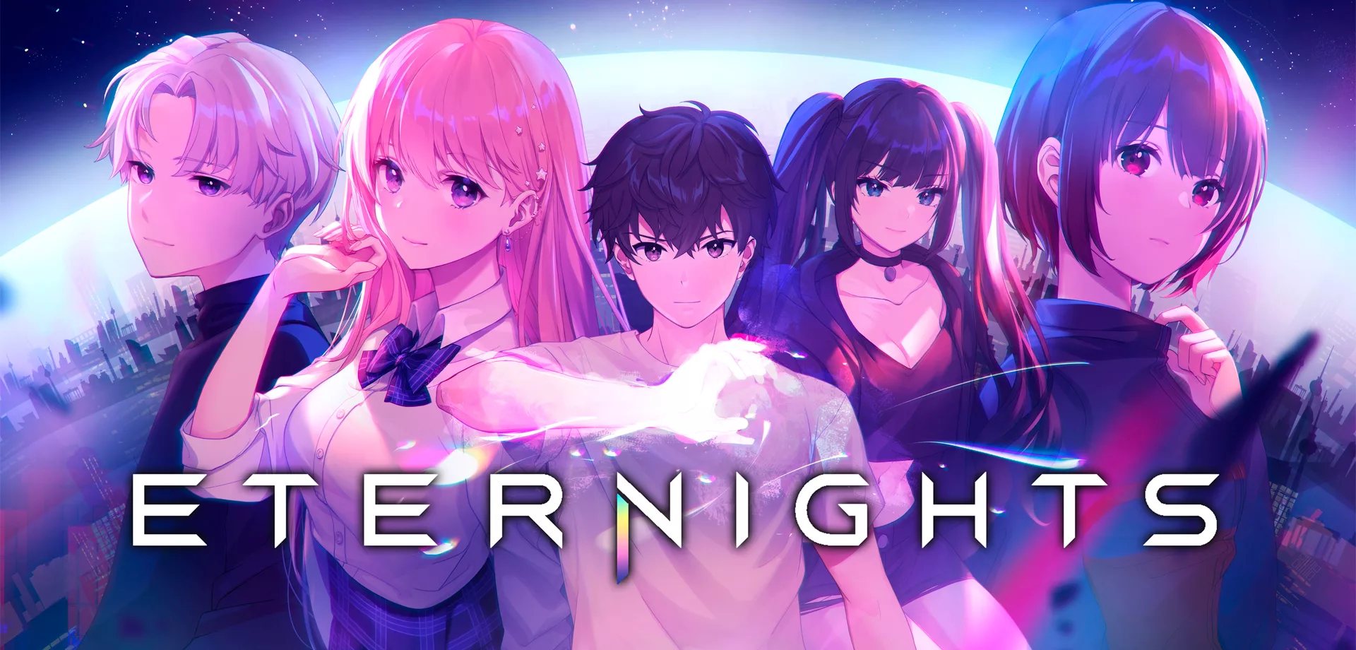 Ao fundo uma cidade com céu estrelado, à frente 5 personages e a logo de Eternights.