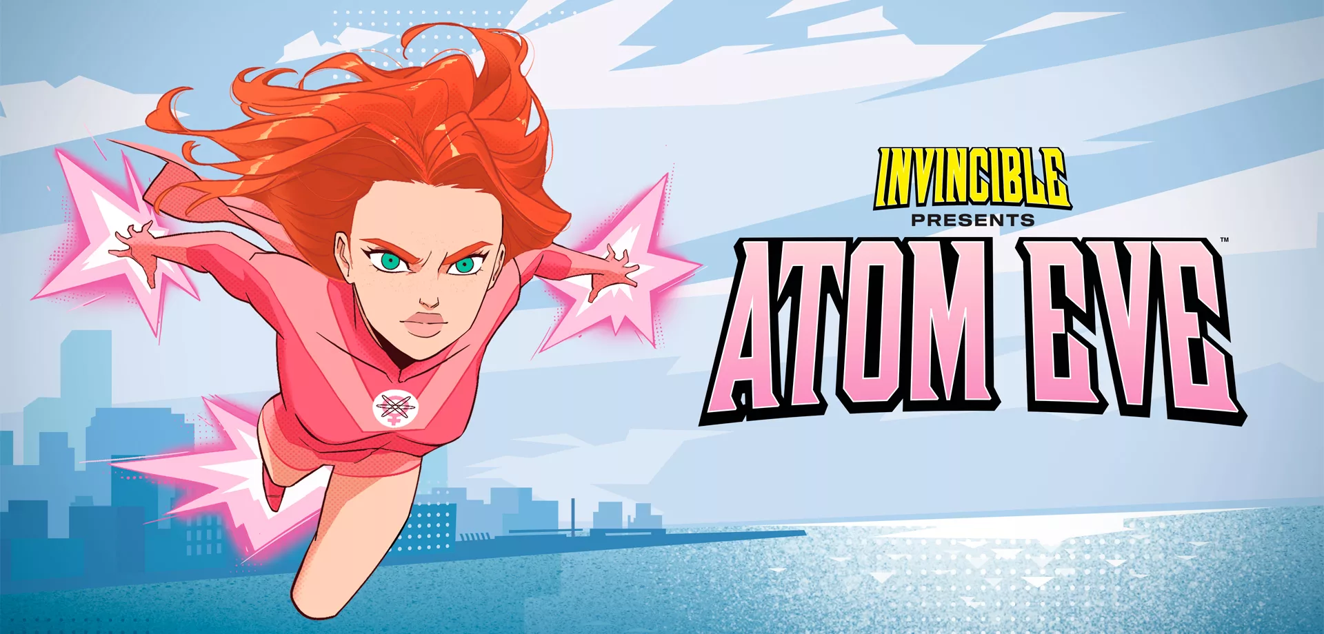 Personagem de Invincible Presents Atom Eve sobrevoando por água com uma cidade ao fundo.