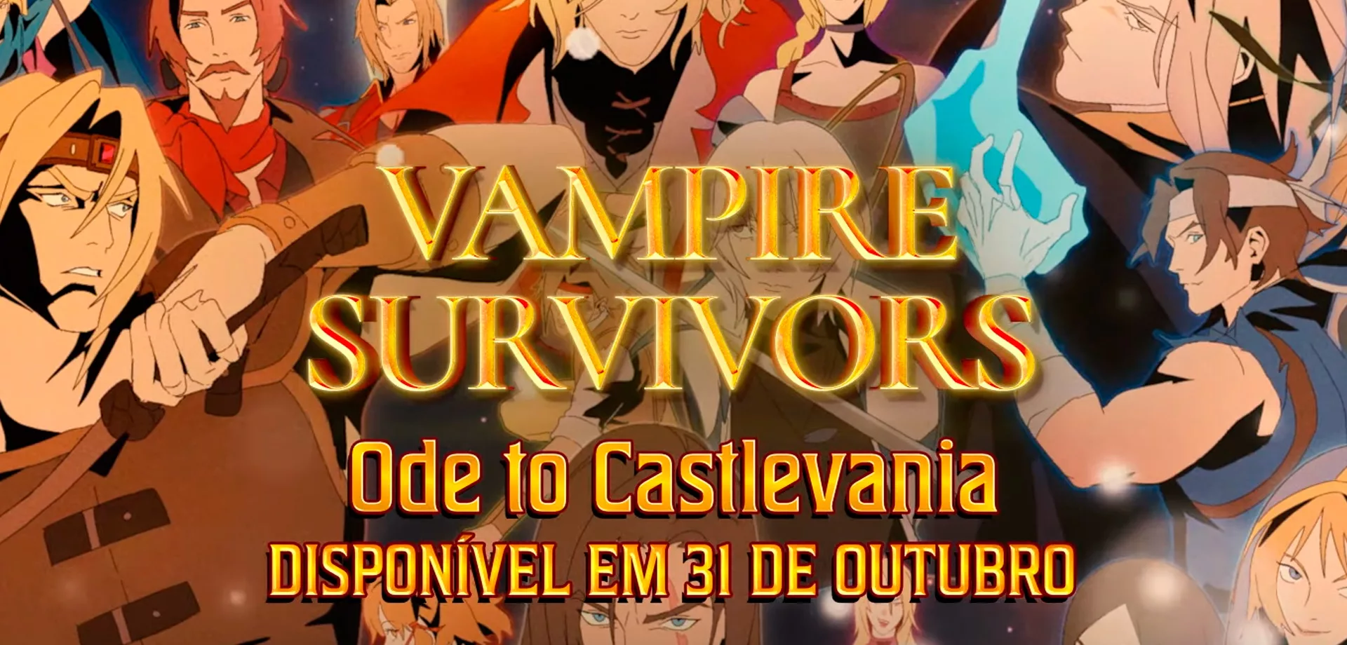 Logo de Vampire Survivors Ode To Casltevania com algumas personagens da DLC atrás.
