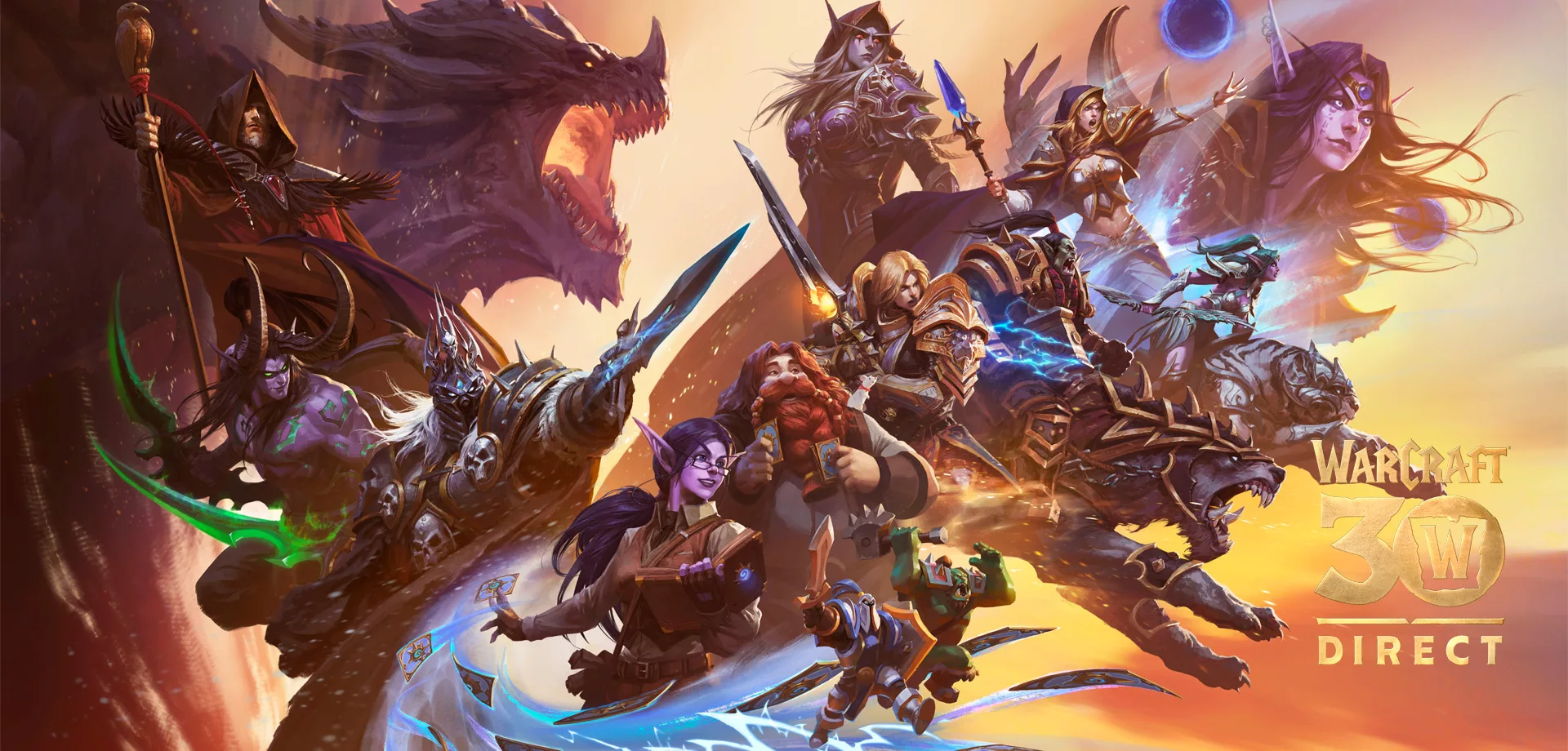 Vários personagens da franquia Warcraft e a logo Warcraft 30 anos.