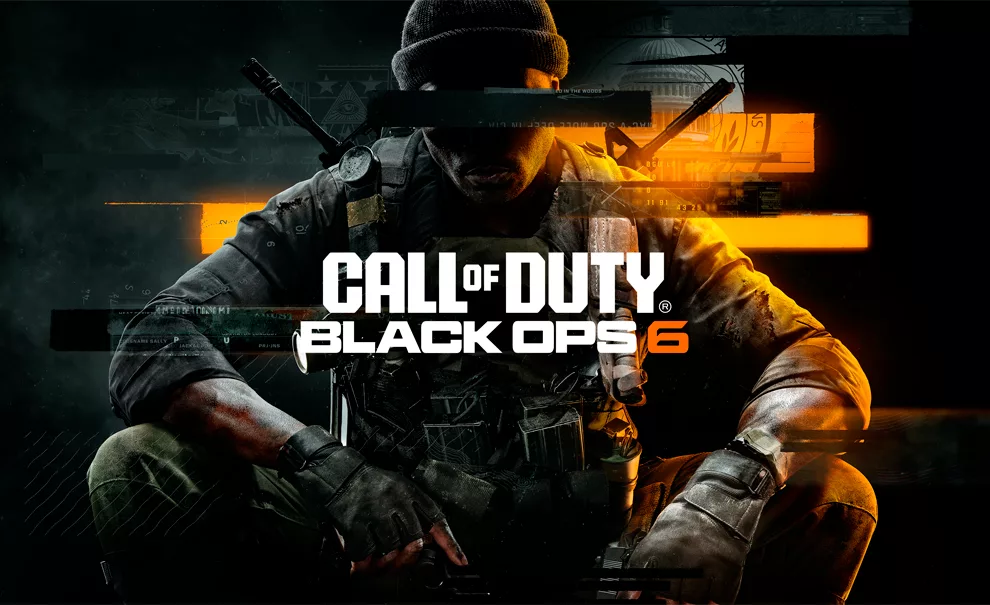 Logo de Call of Duty Black Ops 6 à frente com o personagem Troy Marshall aparecendo ao fundo equipado para o combate.