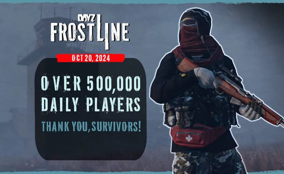 Capa do DayZ Frostline com dizeres do recorde de jogadores e um personagem encapuzado e armado ao lado.