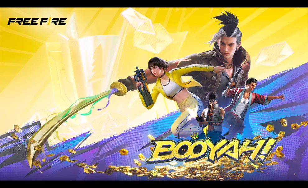 Capa do Dia do Booyah com 4 personagens de estilos diferentes no Free Fire.