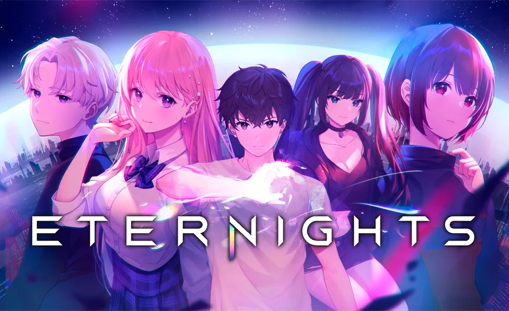 Ao fundo uma cidade com céu estrelado, à frente 5 personages e a logo de Eternights.