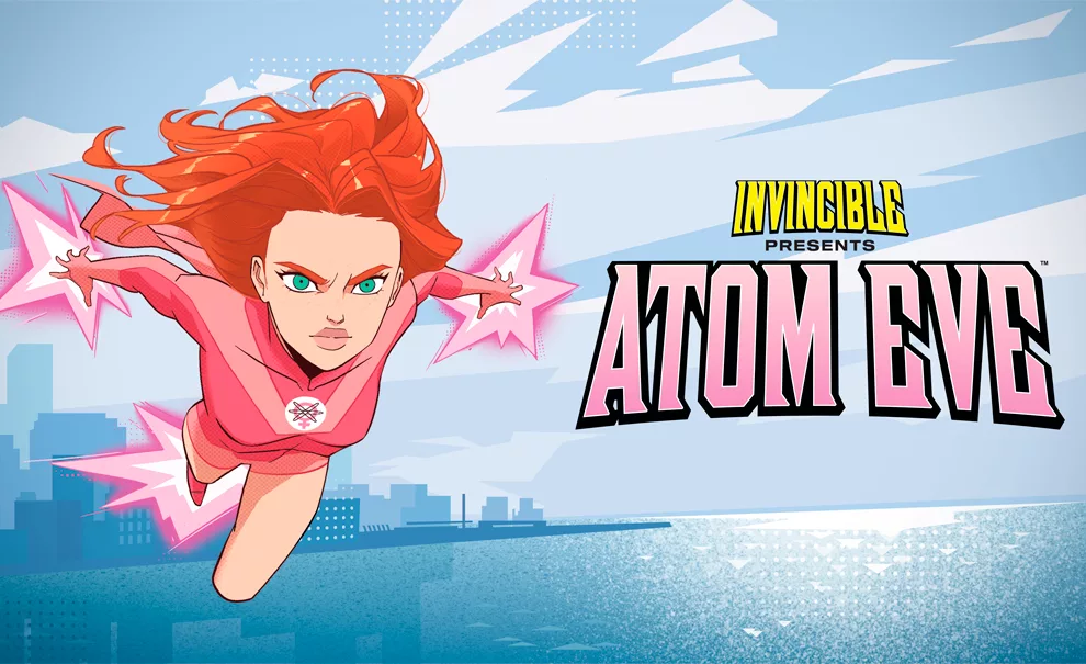 Personagem de Invincible Presents Atom Eve sobrevoando por água com uma cidade ao fundo.