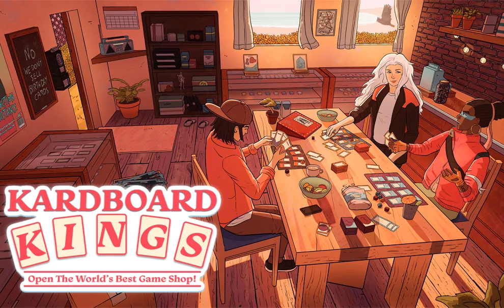 Três pessoas jogando em uma loja de jogos de cartas com vista para o mar com a logo Kardboard Kings na frente.