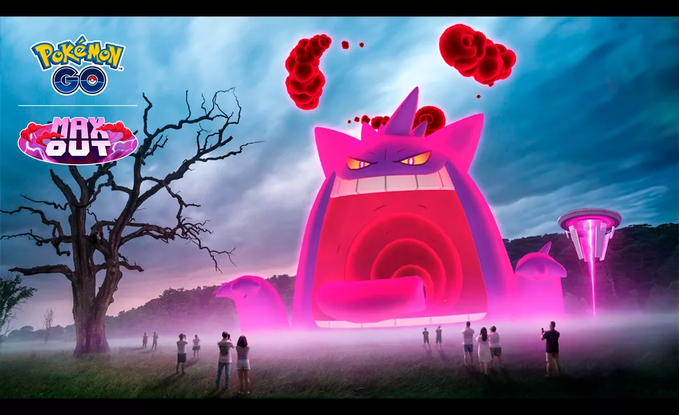 Gengar Gigamax aparece em um gramado com várias pessoas e uma árvore sinistra com a Logo de Pokémon GO e Max Out aparecendo à frente.
