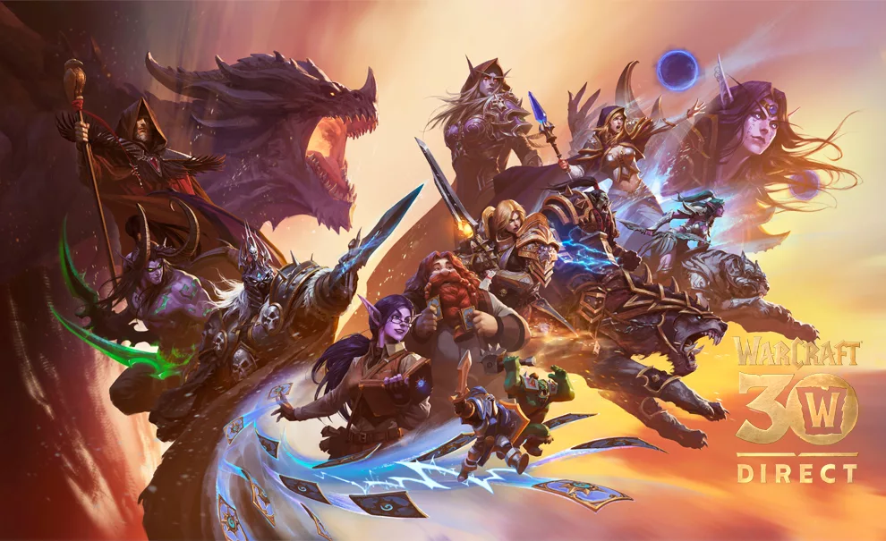 Vários personagens da franquia Warcraft e a logo Warcraft 30 anos.