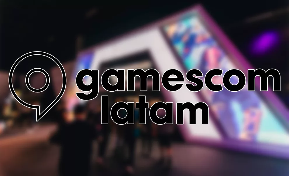 gamescom latam 2025 - Logo do evento e uma imagem borrada da entrada de um ano anterior.