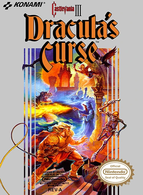 Capa do Castlevania 3 Dracula's Curse com monstros ao fundo no castelo e Trevor com um chicote à frente.