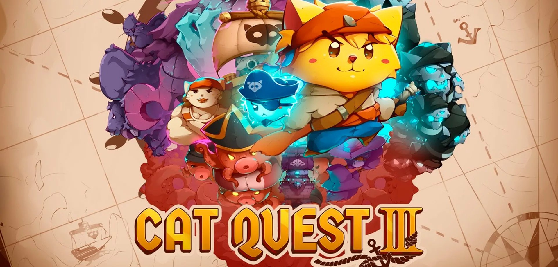 Muitos personagens do jogo Cat Quest 3 à frente de um mapa naval antigo.