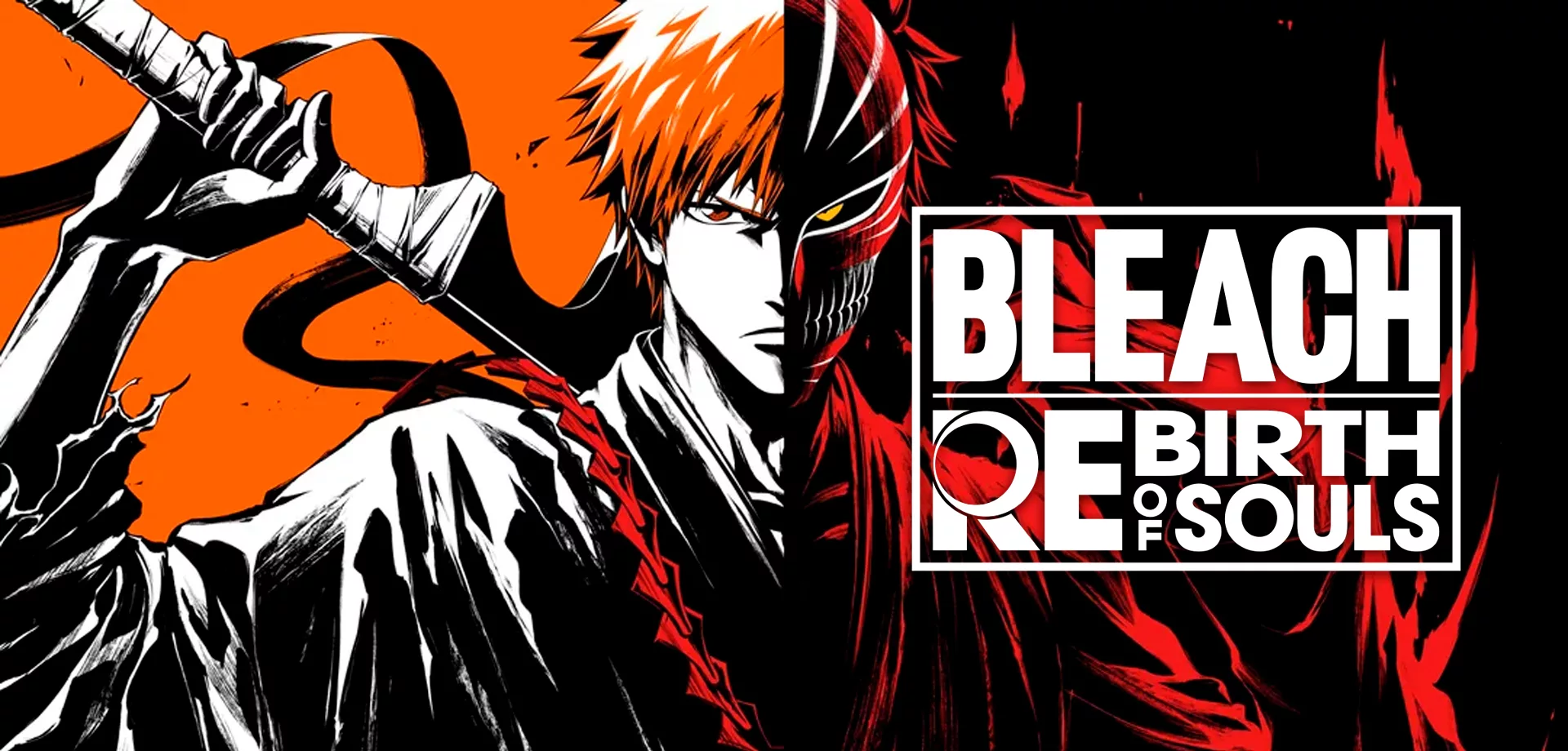 Logo de Bleach Rebirth of Souls em frente ao personagem Ichigo e sua Bankai.