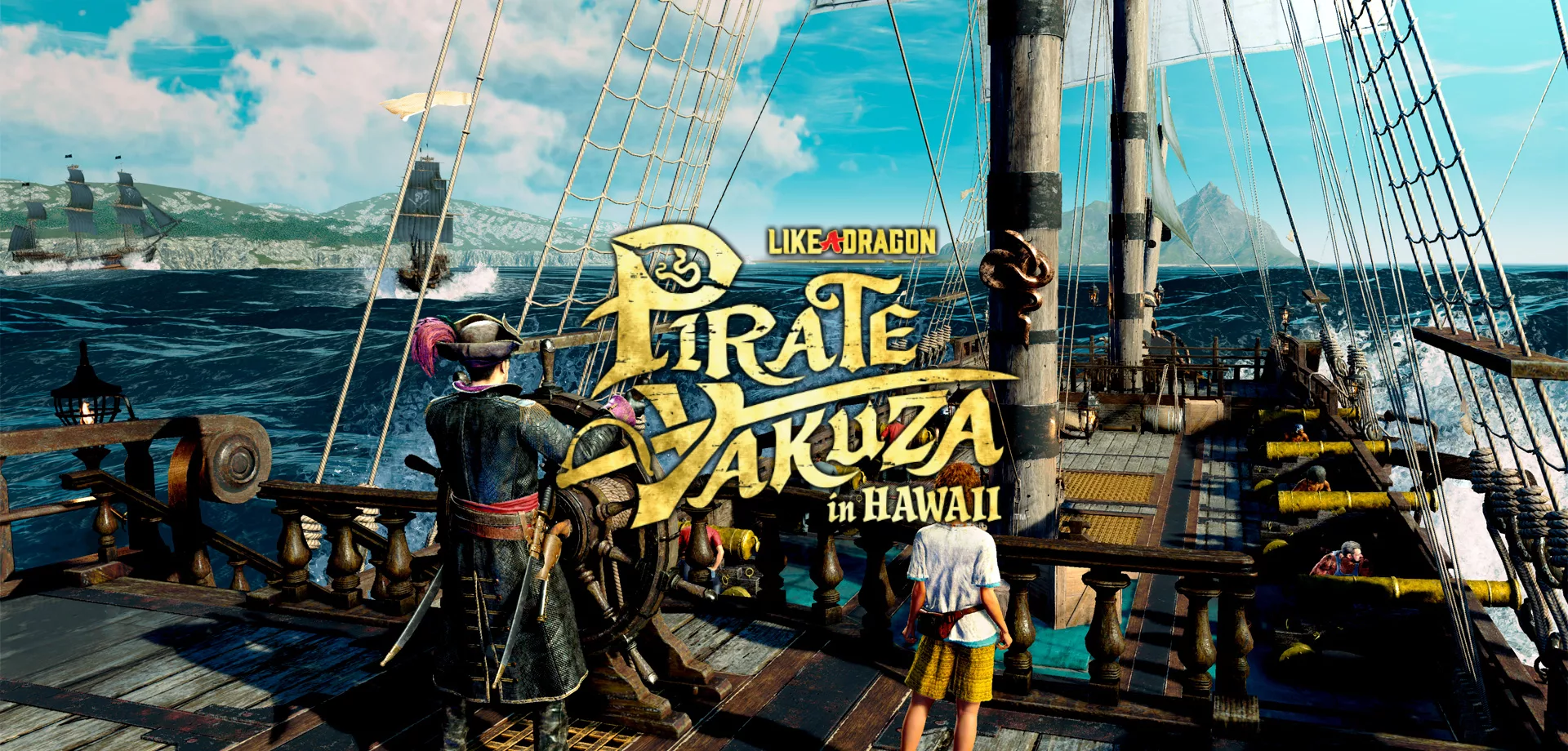 Goro Majima conduzindo um navio em alto-mar e a logo de Like a Dragon Pirate Yakuza in Hawaii à frente.