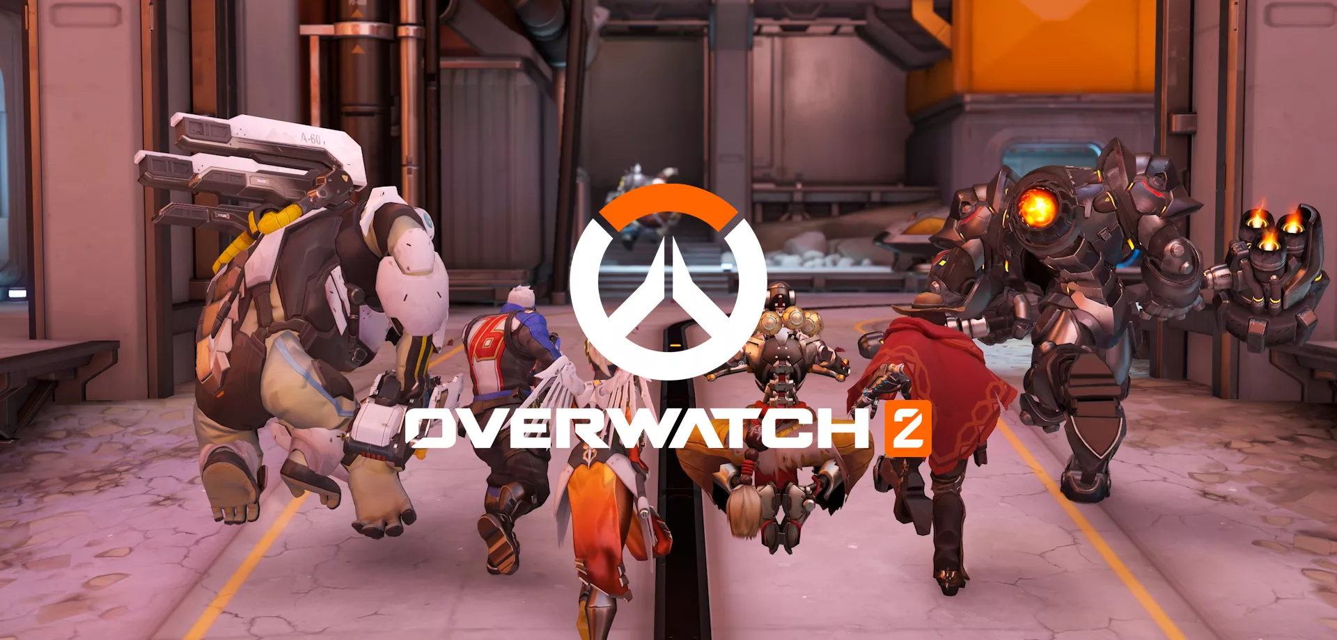 6 personagens correndo em Gibraltar no Overwatch Clássico com a logo de Overwatch 2 à frente.
