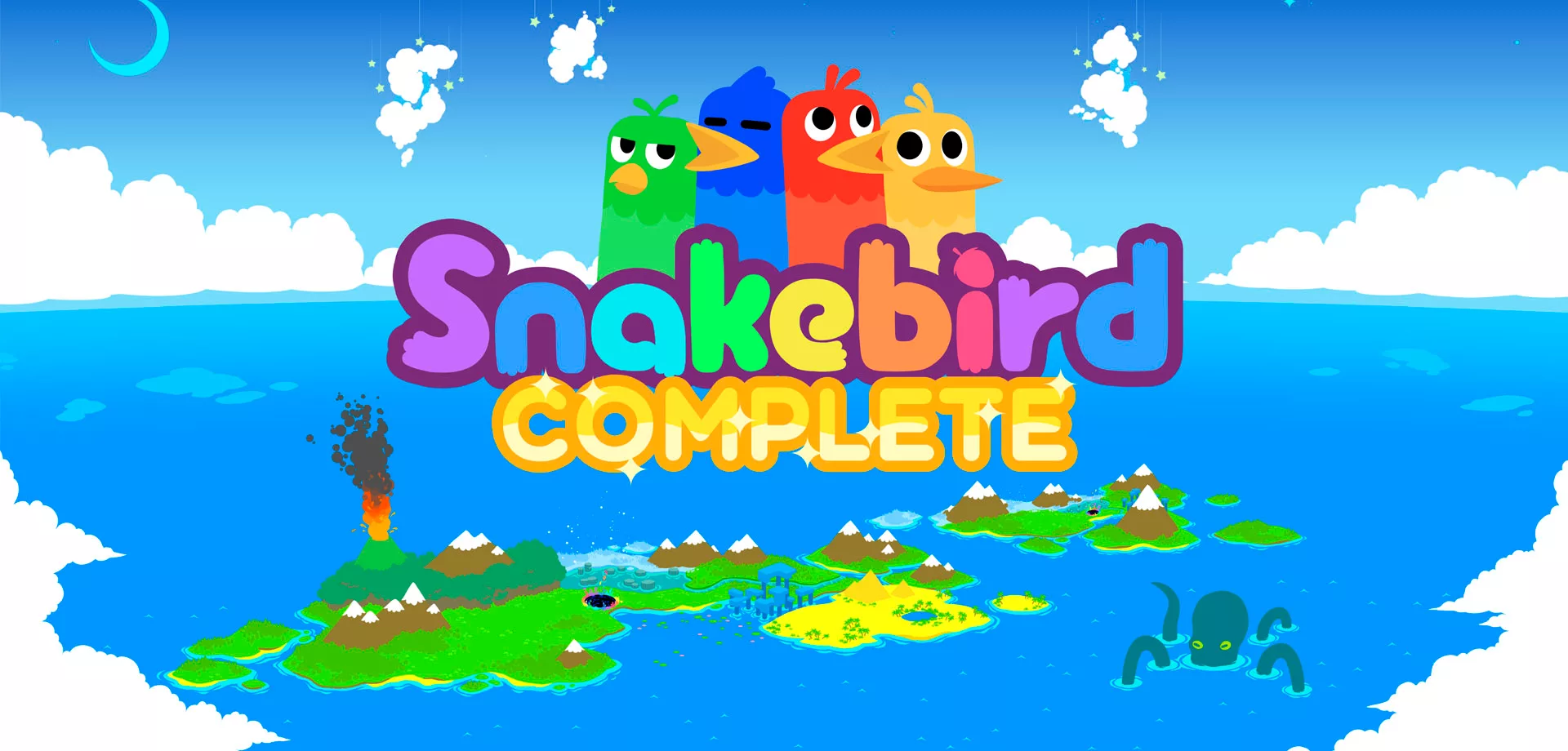 Paisagem de um arquipélago com a logo de Snakebird Complete à frente e seus 4 pássaros coloridos unidos.