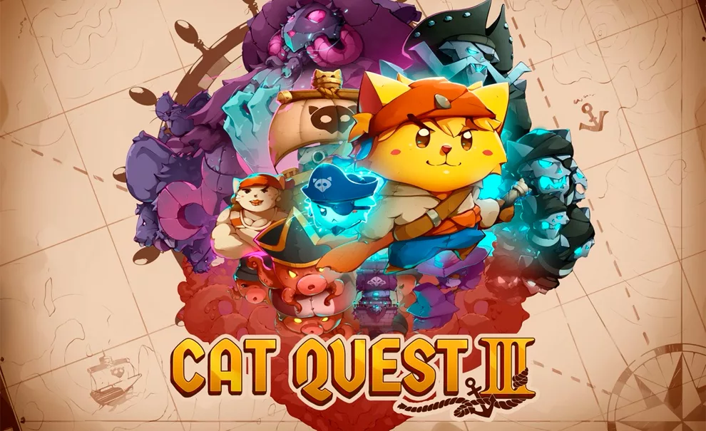 Muitos personagens do jogo Cat Quest 3 à frente de um mapa naval antigo.