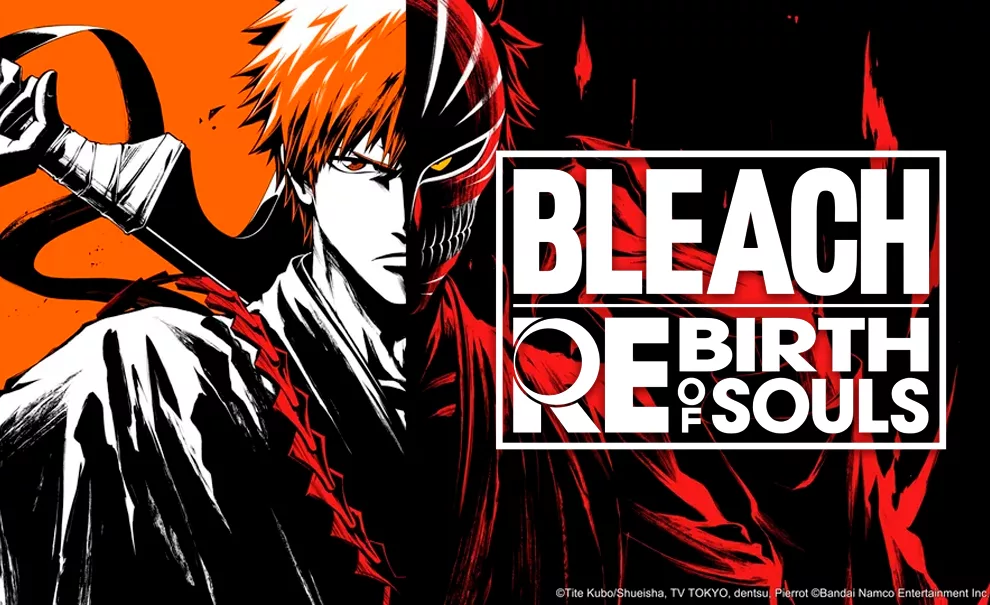 Logo de Bleach Rebirth of Souls em frente ao personagem Ichigo e sua Bankai.