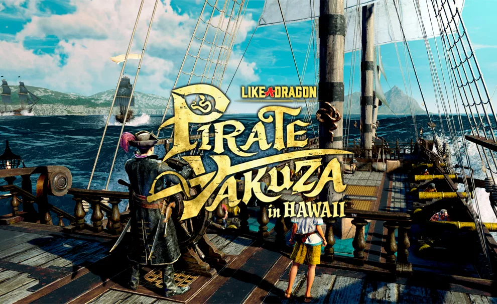 Goro Majima conduzindo um navio em alto-mar e a logo de Like a Dragon Pirate Yakuza in Hawaii à frente.