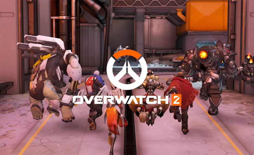 6 personagens correndo em Gibraltar no Overwatch Clássico com a logo de Overwatch 2 à frente.