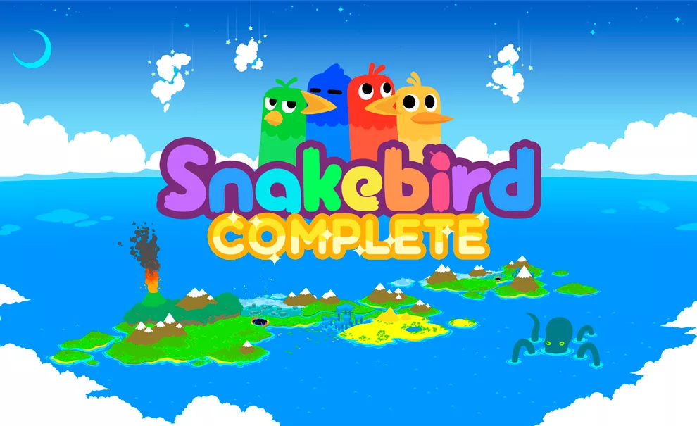 Paisagem de um arquipélago com a logo de Snakebird Complete à frente e seus 4 pássaros coloridos unidos.