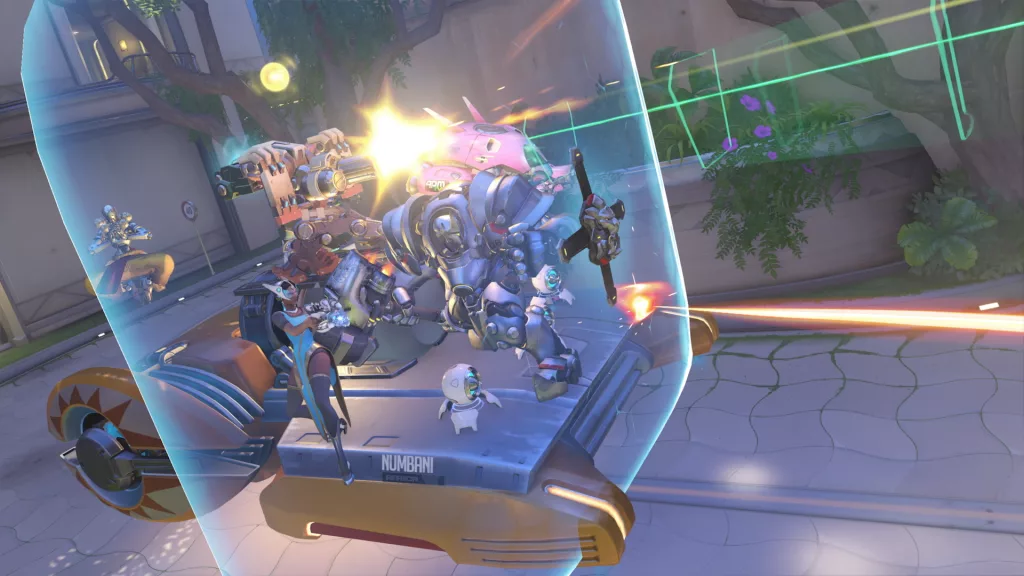Bastion, D.Va, Reignhart, Symmetra e Zenyatta em cima da carga em Numbani.