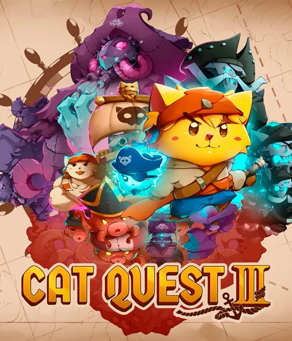 Muitos personagens do jogo Cat Quest 3 à frente de um mapa naval antigo.