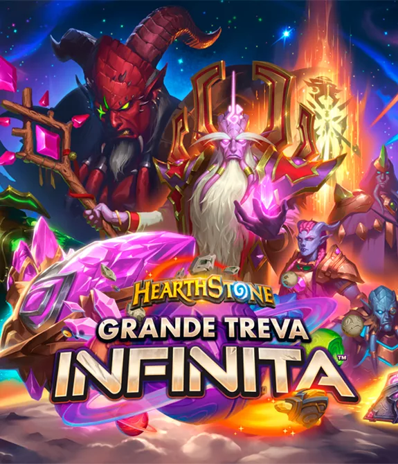 Draeneis e a Legião dividem o foco de personagens, à frente o logo de Hearthstone Grande Treva Infinita.