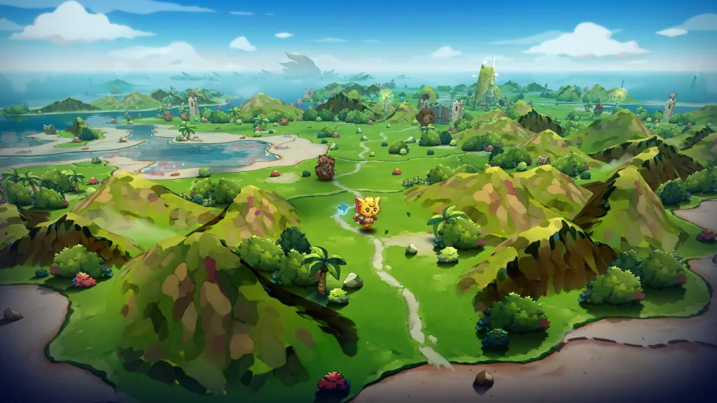 Personagem de Cat Quest 3 explorando o mapa em terra firme.
