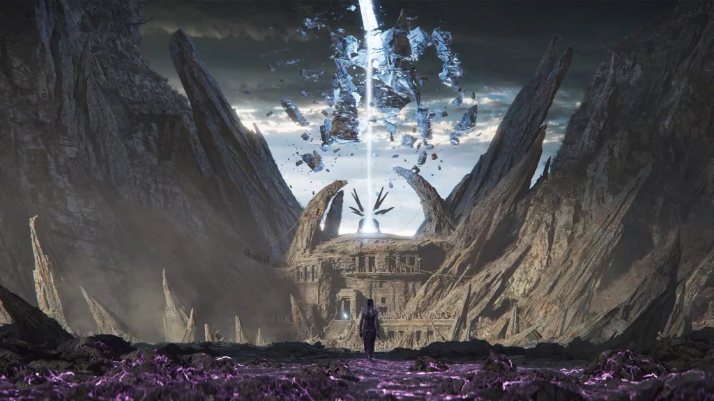 Shadwyn caminhando numa planície rochosa em direção a uma construção com uma luz caindo dos céus em Solasta II.