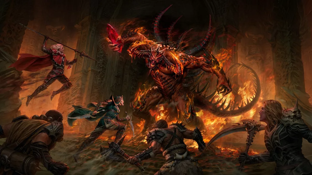 5 personagens enfrentando Diablo o senhor do medo em Diablo Immortal.