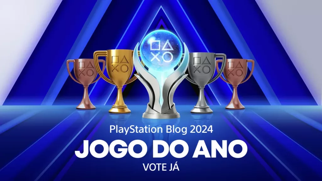 As 5 taças PlayStation em um fundo azul e branco com os dizeres PlayStation Blog 2024 Jogo do Ano Vote Já.