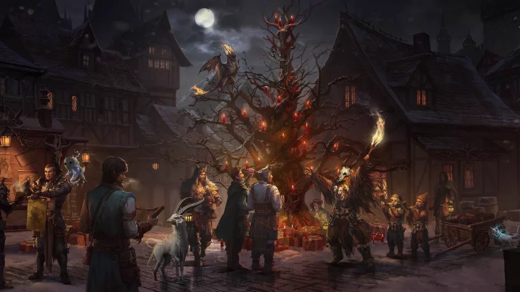 Diablo Immortal Evento Brumaltina mostrando uma vila com várias pessoas em volta de uma árvore enfeitada.