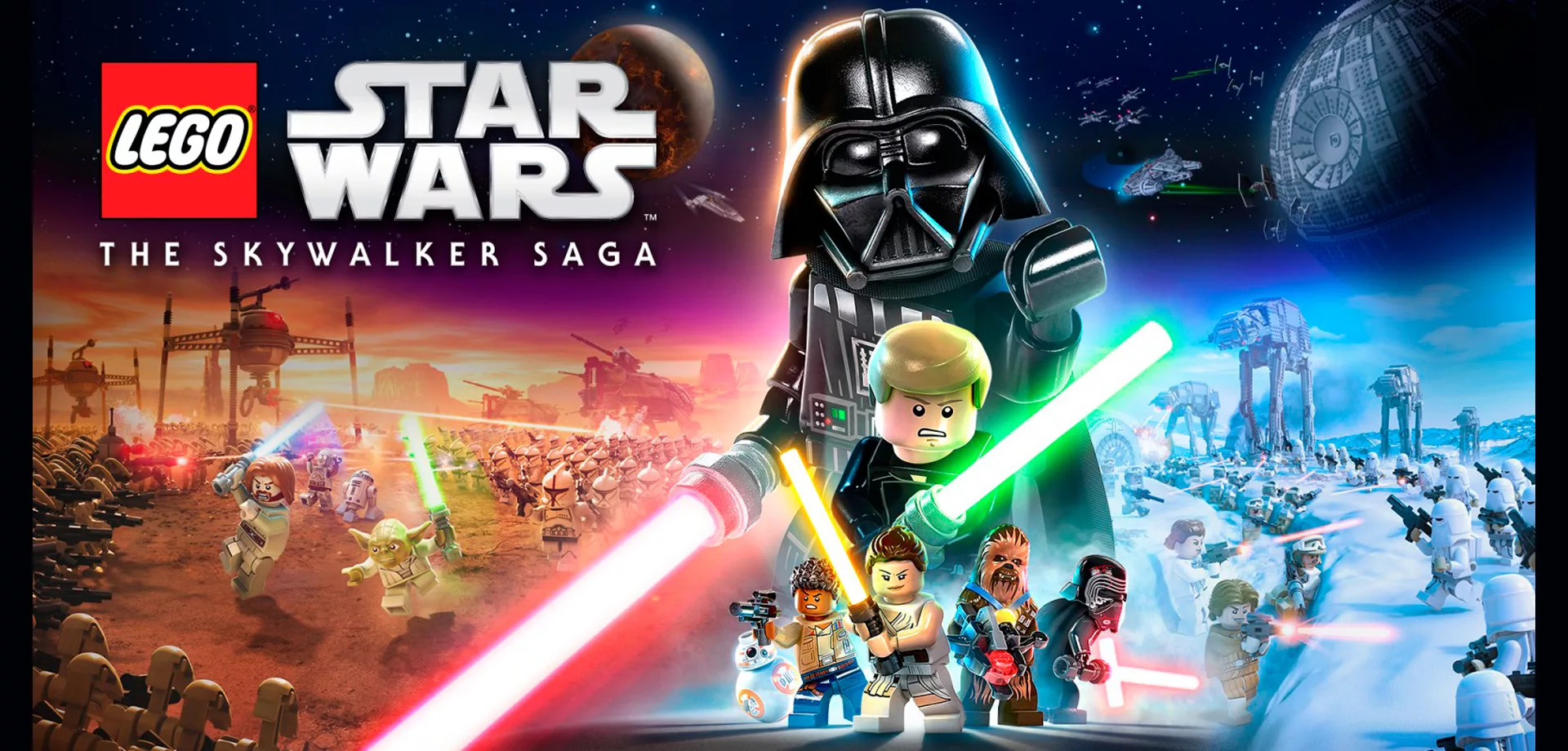 Capa do Jogo LEGO Star Wars A Saga Skywalker com personagens famosos em cenas icônicas.