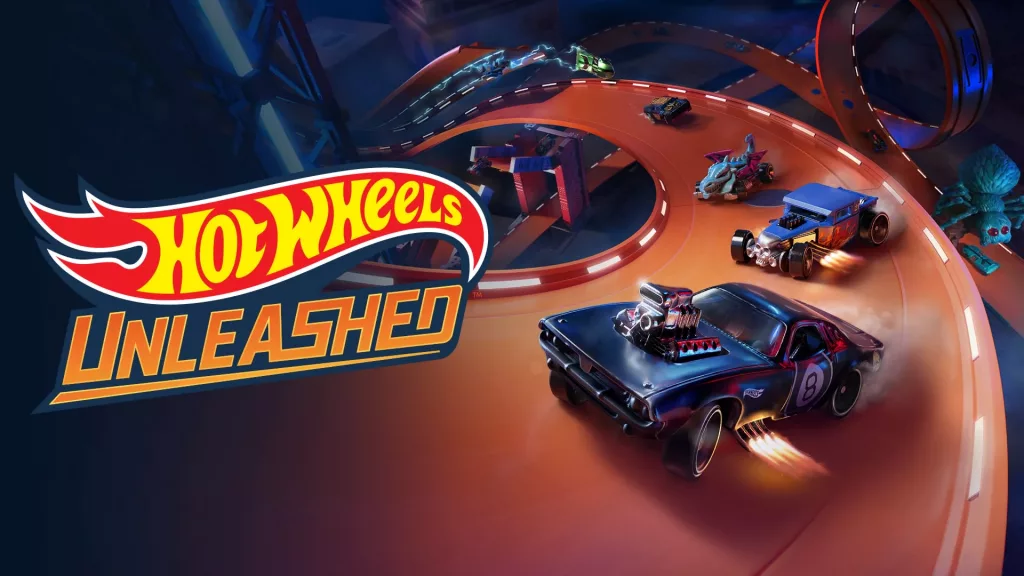 Pista de corrida no estilo brinquedo com vários carros Hot Wheels e a logo do jogo à frente. jogo entregue de graça pela Epic Games em 27 de dezembro de 2024, pelo período de 24 horas.