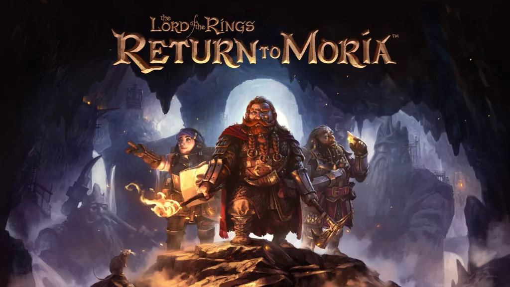 3 anóes em uma caverna com a logo de Return to moria, jogo misteriosos da Epic Games.