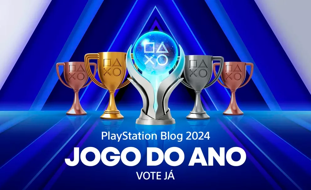 PlayStation Melhores jogos do ano de 2024 com as 5 taças em um fundo azul e branco.