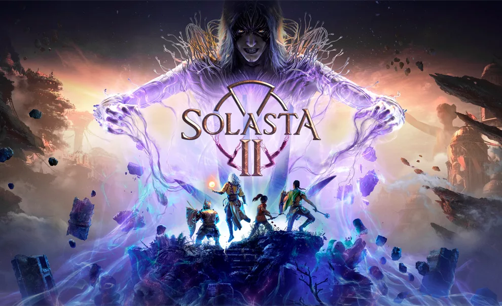A vilã Shadwyn aparece grandiosa no centro da imagem lançando raios na direção do grupo de 4 personagens no centro da imagem e a logo de Solasta II à frente.