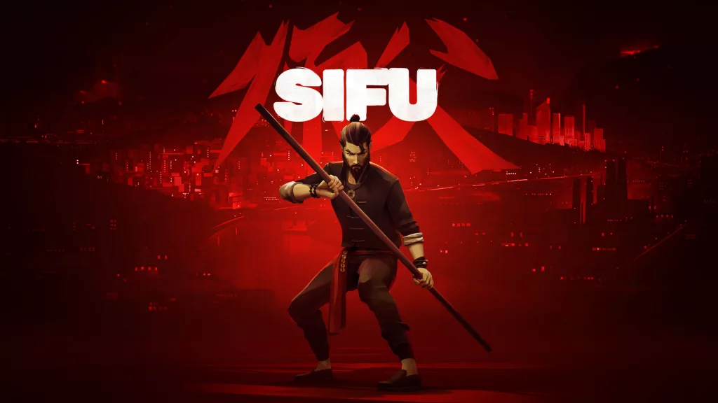 Lutador com bastão em frente a uma grande cidade atravessada por um rio, as cores predominantes são vermelho, preto e marrom. o Título "Sifu" aparece acima.