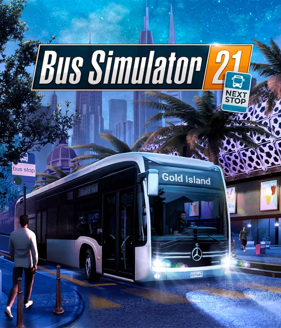 Logo de Bus Simulator 21 com imagem de um ônibus para Gold Island em uma rua na cidade.