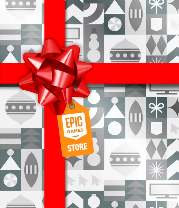 jogo Misterioso da Epic em uma embalagem branca e cinza com laço vermelho e Tag da Epic Games em laranja.
