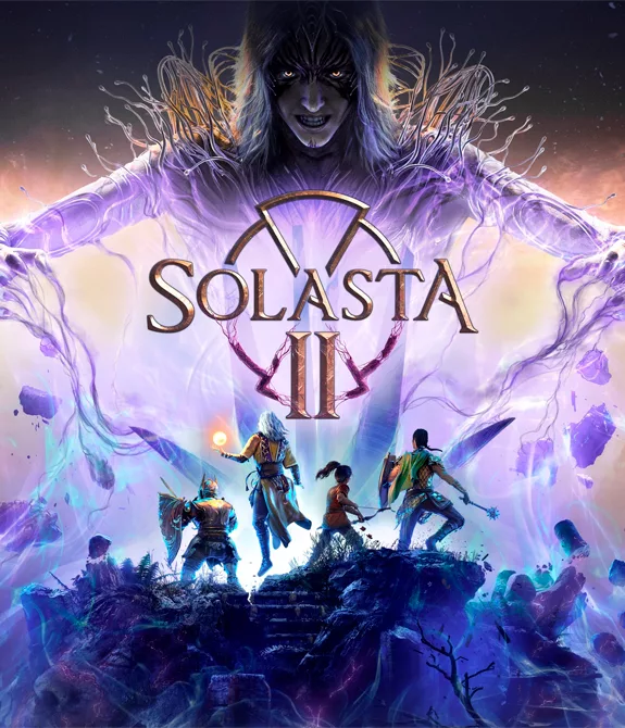A vilã Shadwyn aparece grandiosa no centro da imagem lançando raios na direção do grupo de 4 personagens no centro da imagem e a logo de Solasta II à frente.