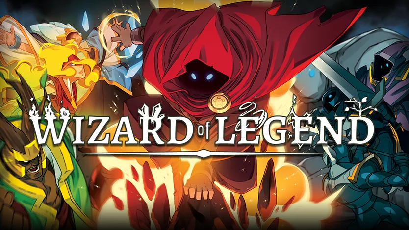 Capa com um mago de capa vermelha em cima de uma montanha, atrás vários personagens do jogo Wizard of Legend, gratuidade temporária da Epic Games.