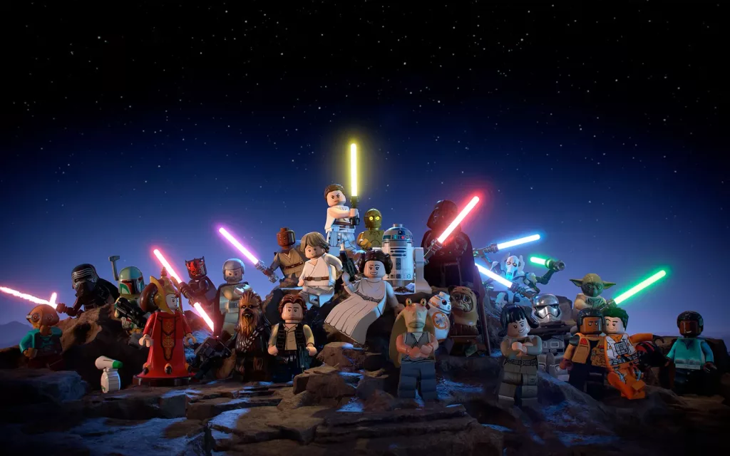 Vários personagens de Star Wars em suas versões LEGO.