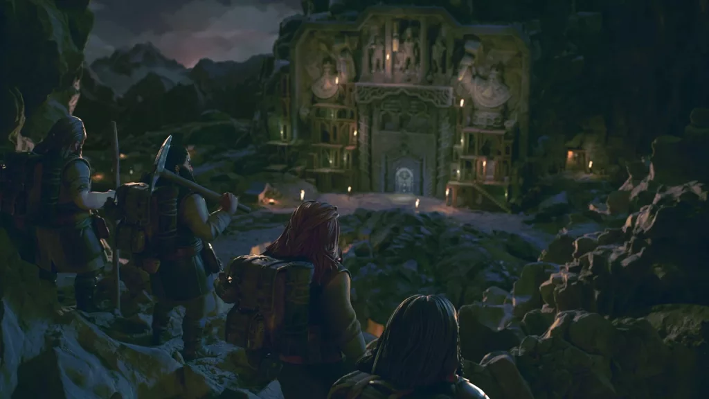 Jogo Misterioso da Epic é The Lor of the Rings Return to Moria. Vê vários anões olhando pra entrada das montanhas de Moria.