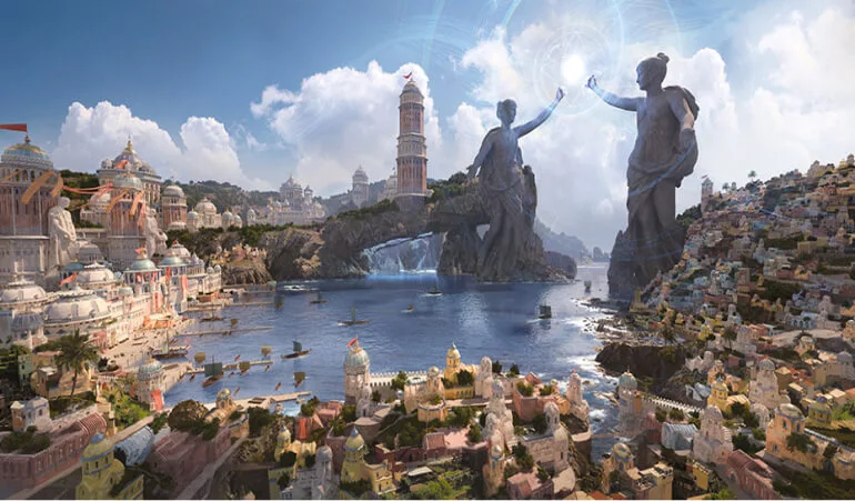 Uma grande cidade litorânea com uma entrada guardada por 2 grandes estátuas em Solasta II.