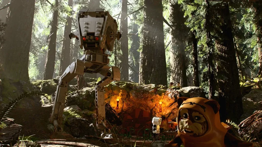Eowoks e AT-STs na floresta.